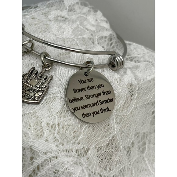 13th Happy Birthday "Your braver than you believe..." Charm Spring Bracelet - Picture 3 of 12